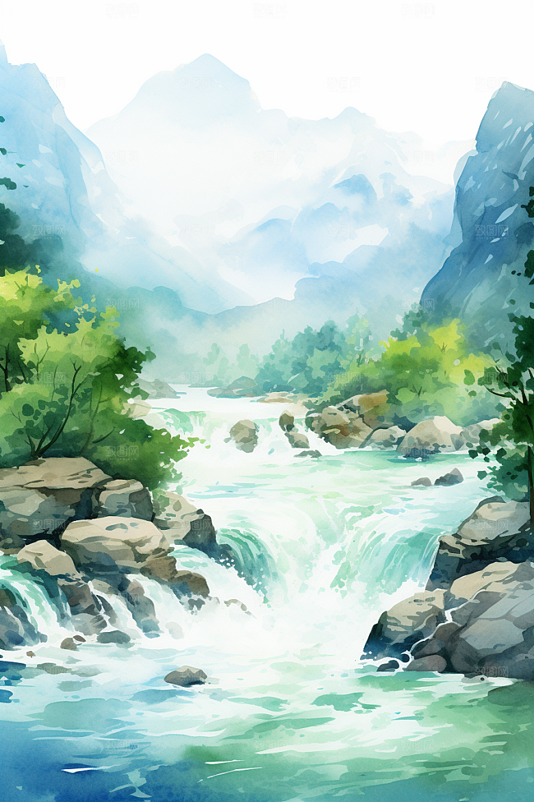 水彩山水风光风景唯美背景图
