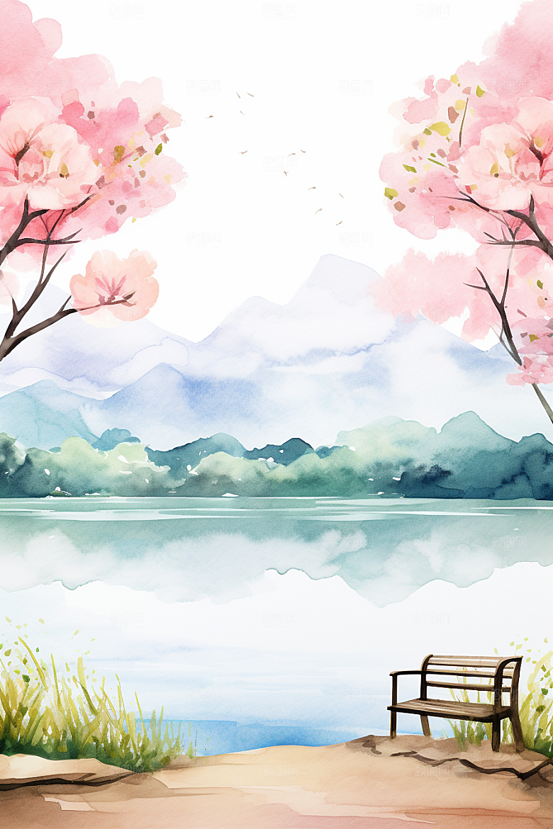 水彩山水风光水彩画唯美背景图