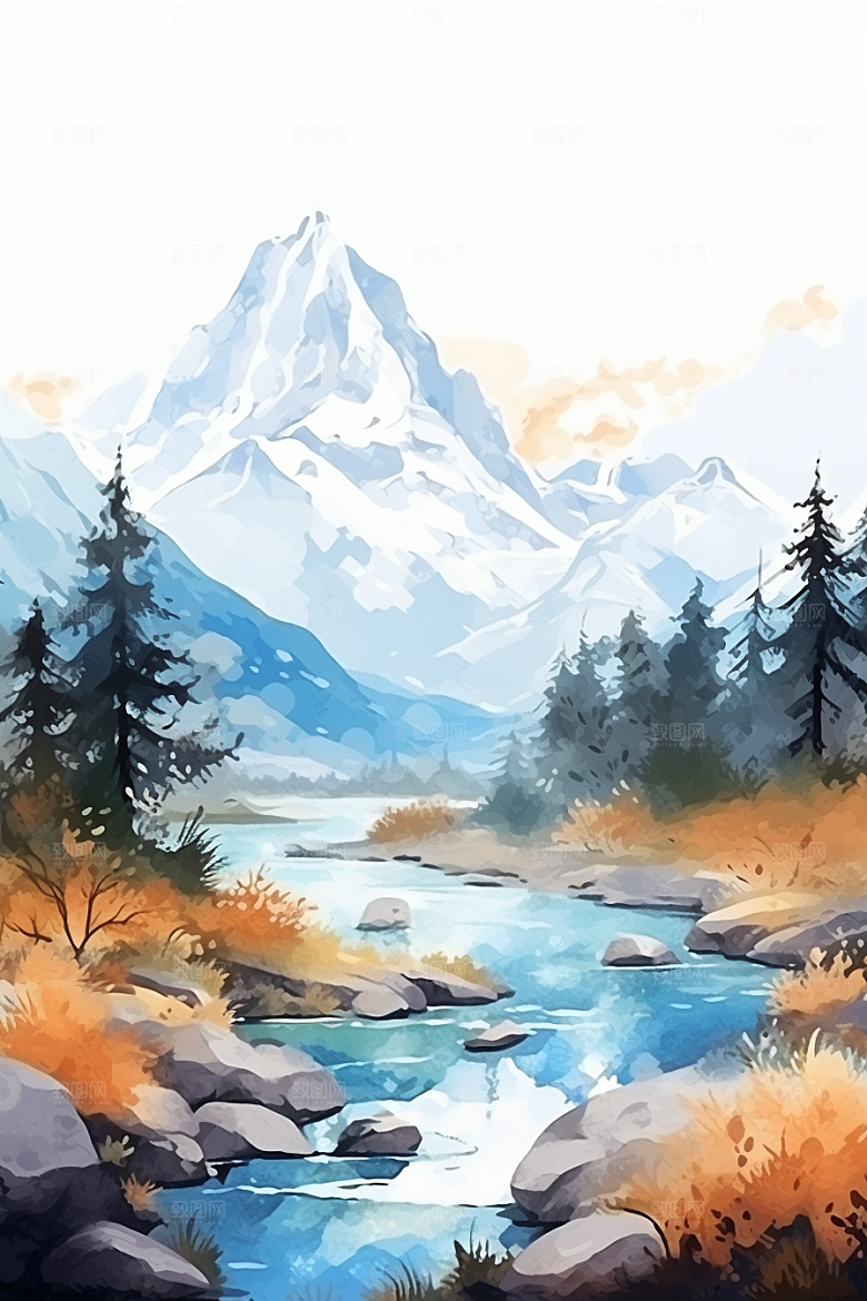 水彩山水风光淡雅水彩画背景图