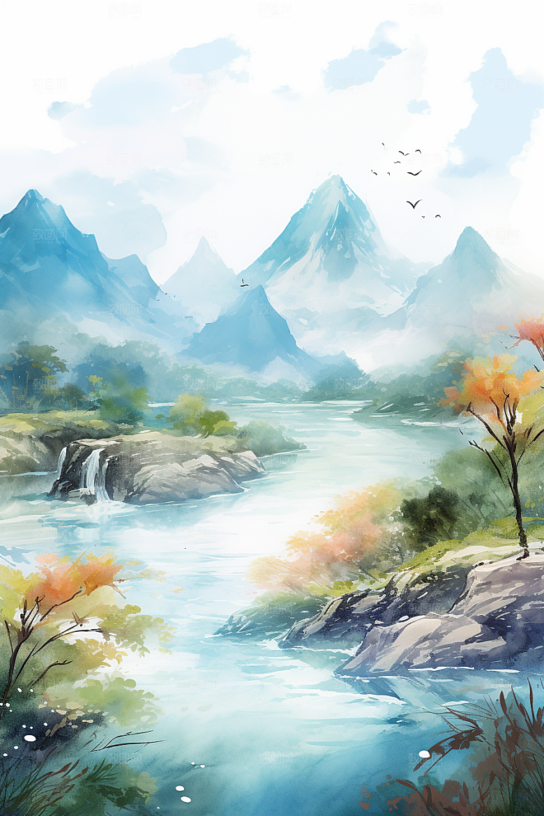 水彩山水风光风景手绘背景图