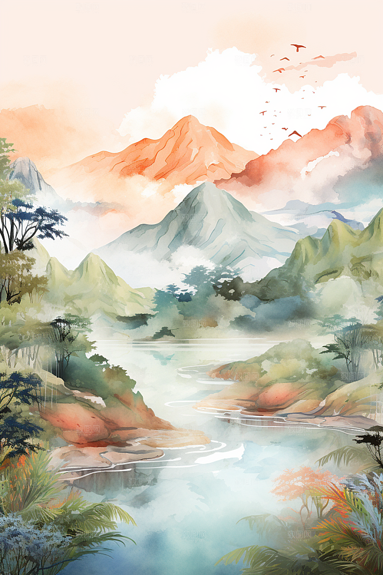 水彩山水风光水彩画淡雅背景图