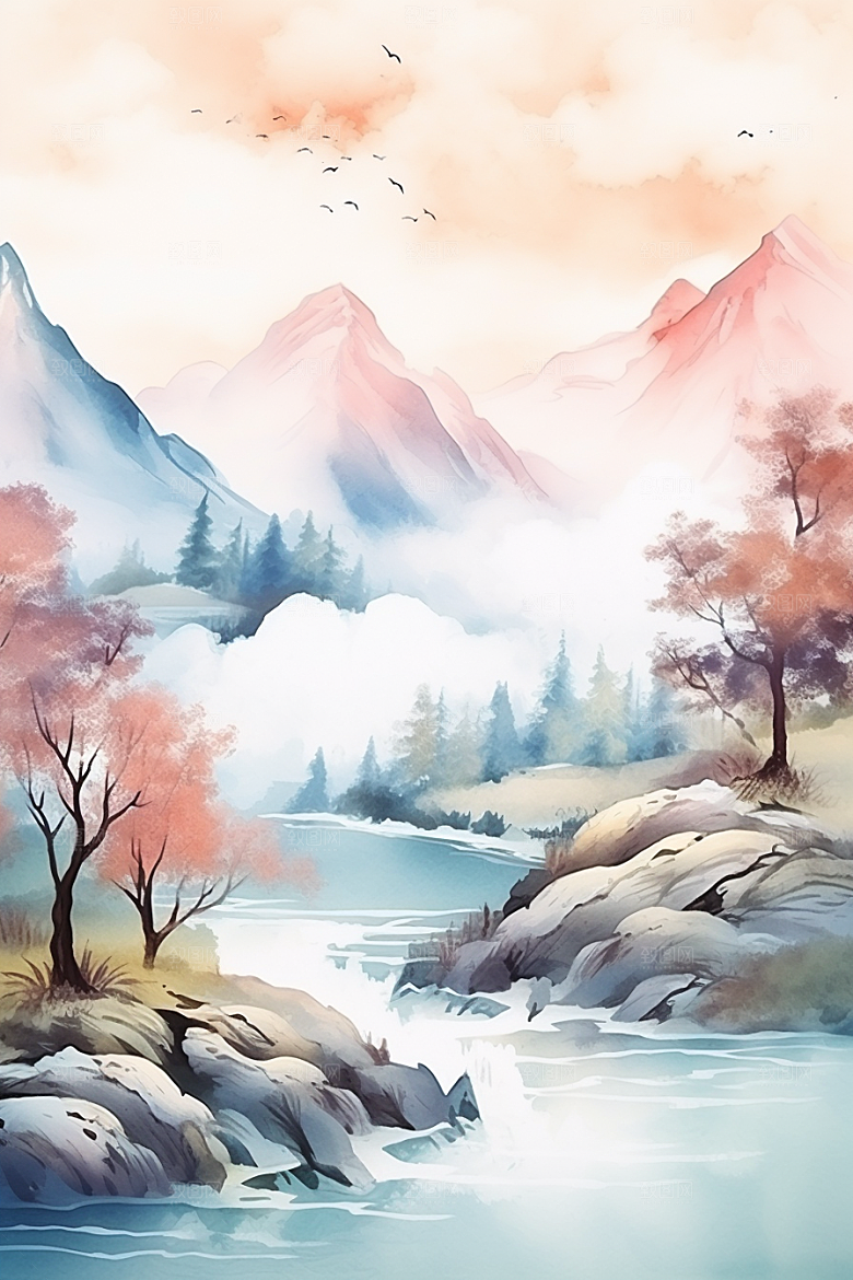 水彩山水风光清新水彩画背景图