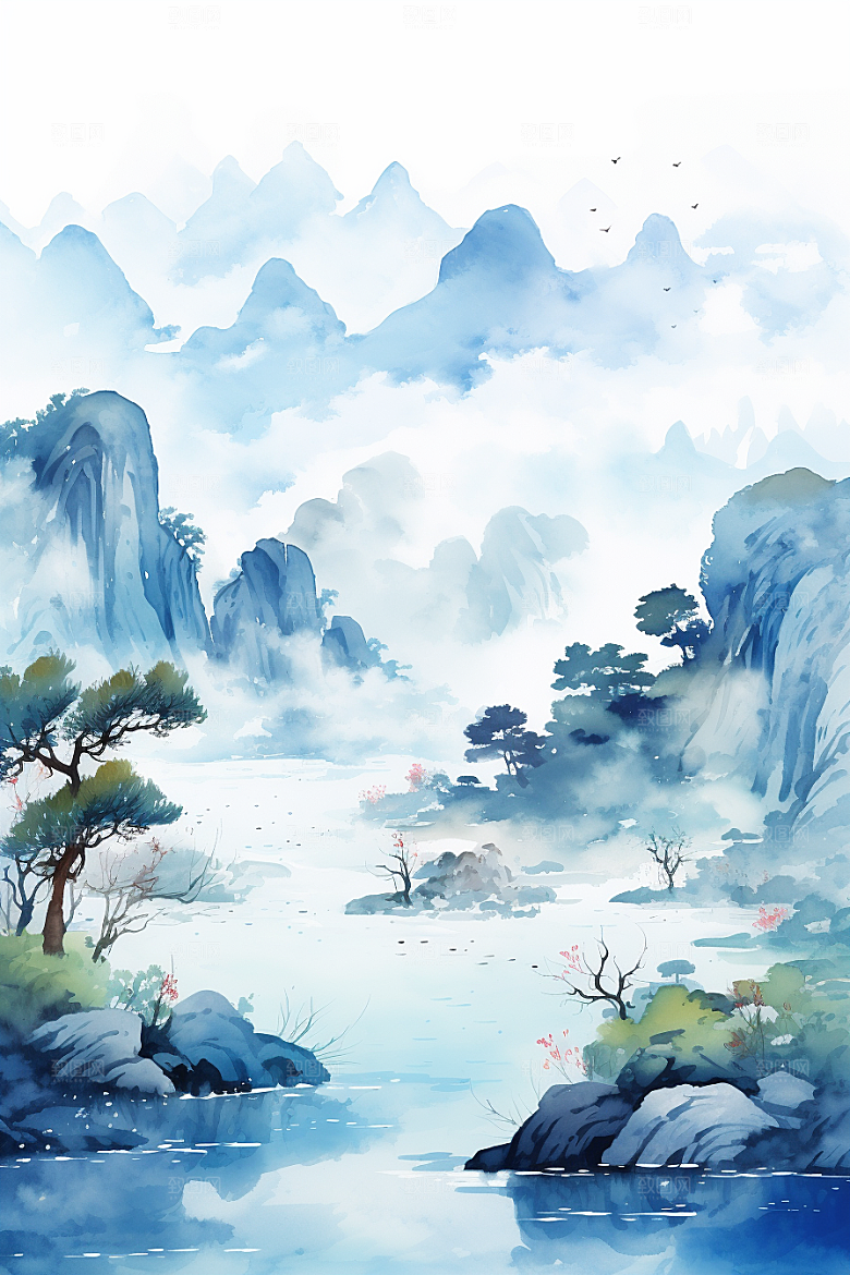 水彩山水风光风光水彩画背景图