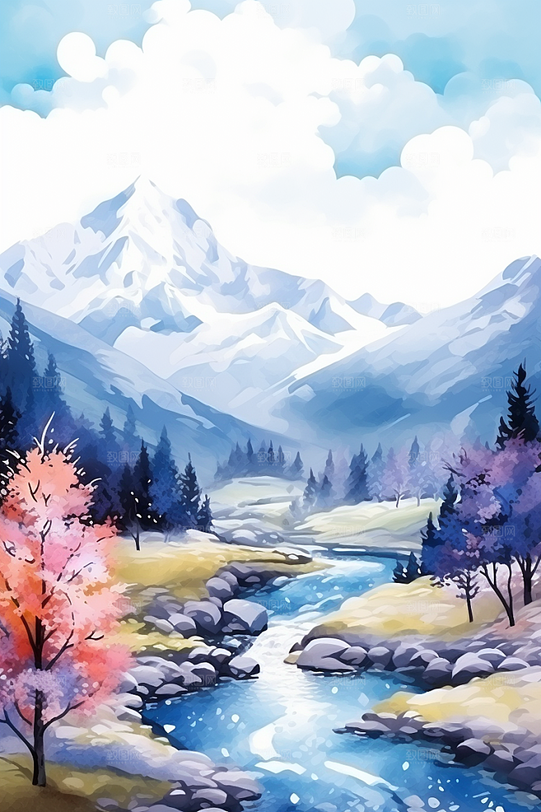 水彩山水风光水彩画唯美背景图