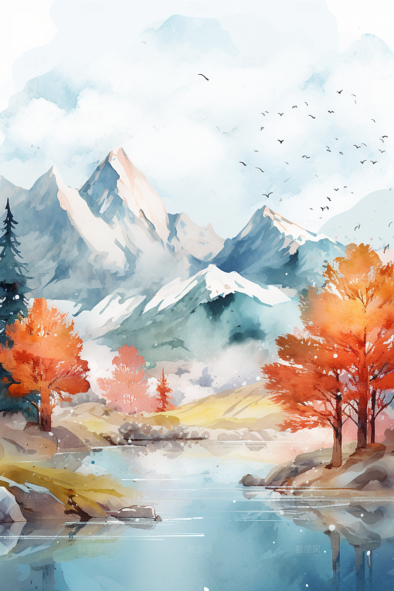 水彩山水风光水彩画风光背景图
