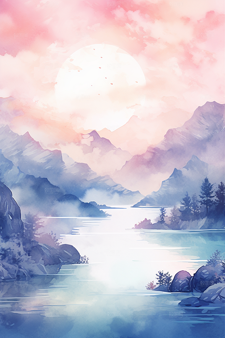 水彩山水风光清新淡雅背景图