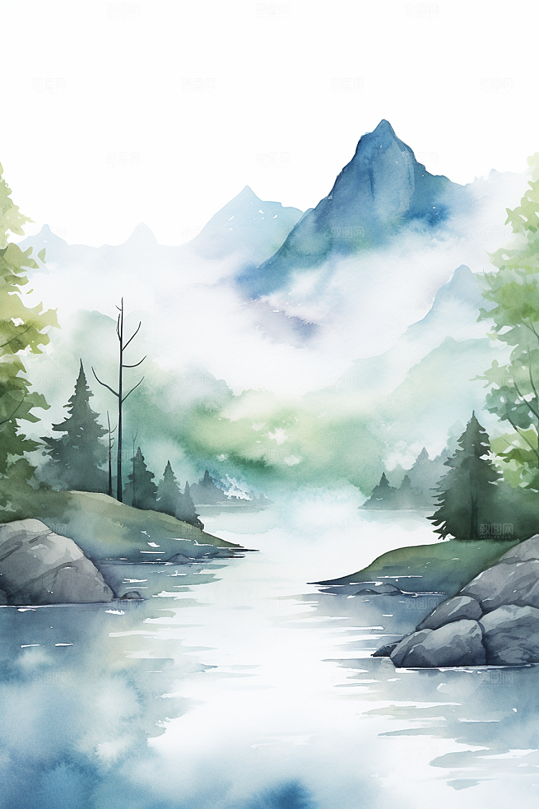 水彩山水风光风景清新背景图