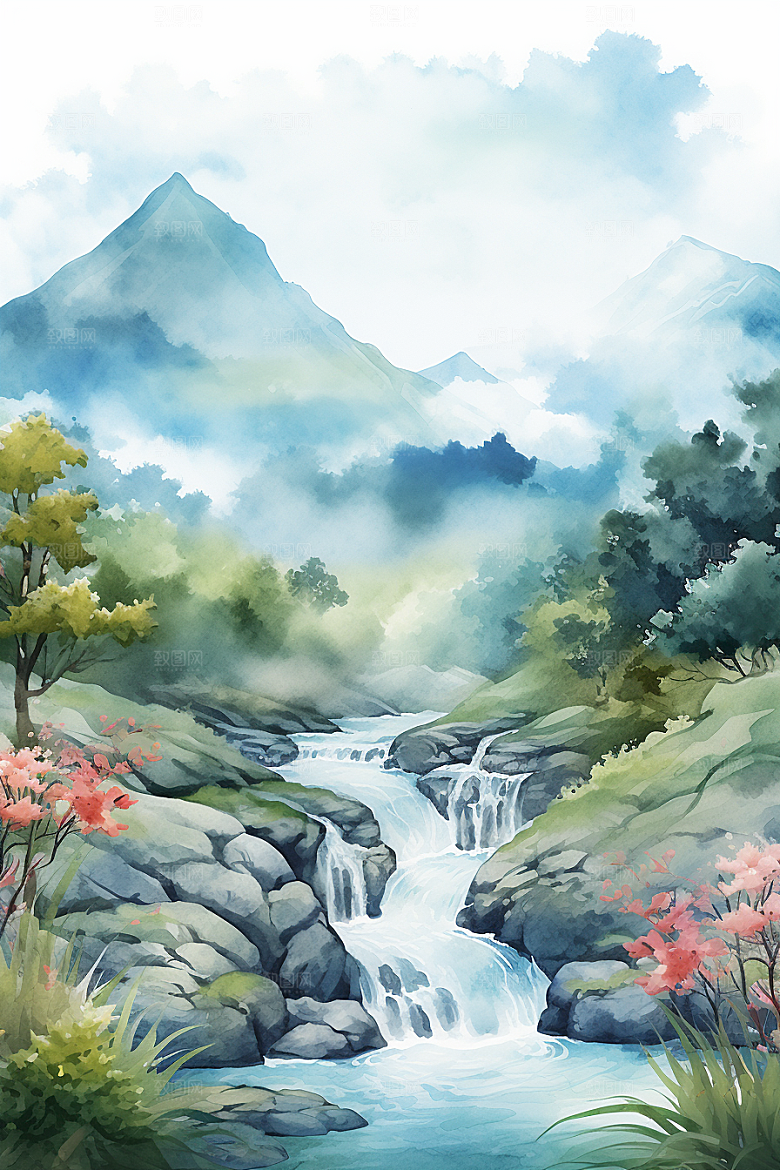 水彩山水风光风光水彩画背景图