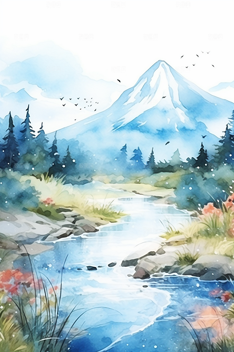 水彩山水风光唯美水彩画背景图