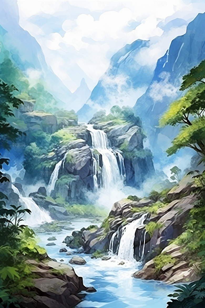 水彩山水风光唯美淡雅背景图