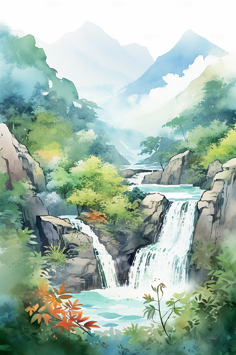 水彩山水风光风光风景背景图