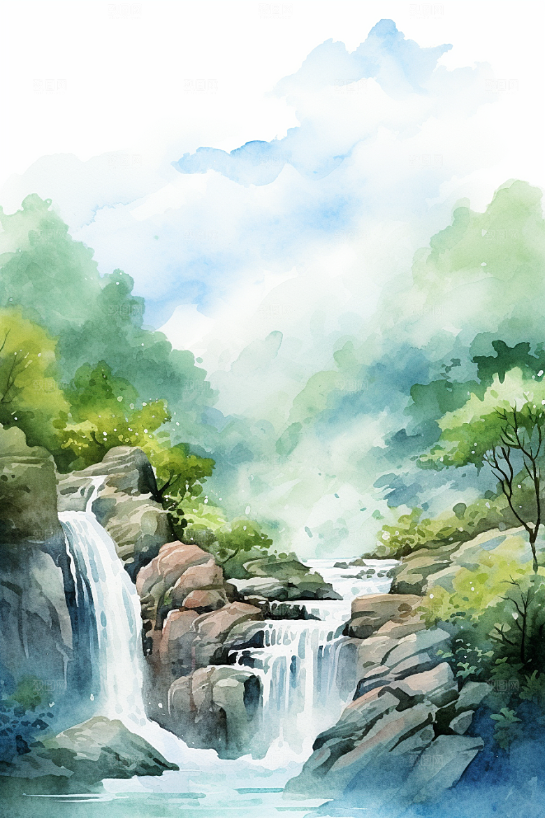 水彩山水风光风光唯美背景图