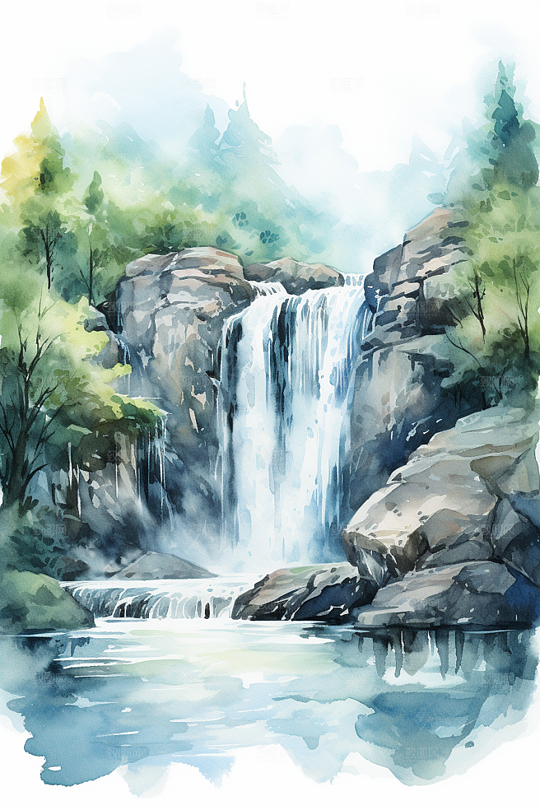 水彩山水风光唯美手绘背景图