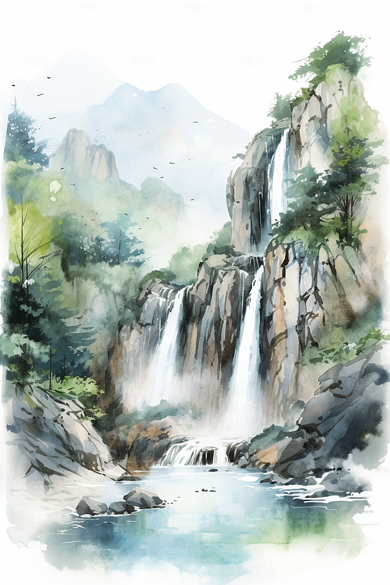 水彩山水风光淡雅唯美背景图