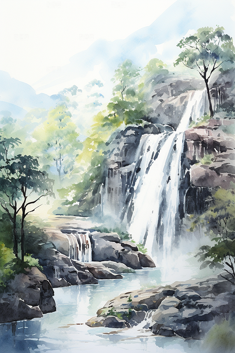水彩山水风光淡雅高清背景图