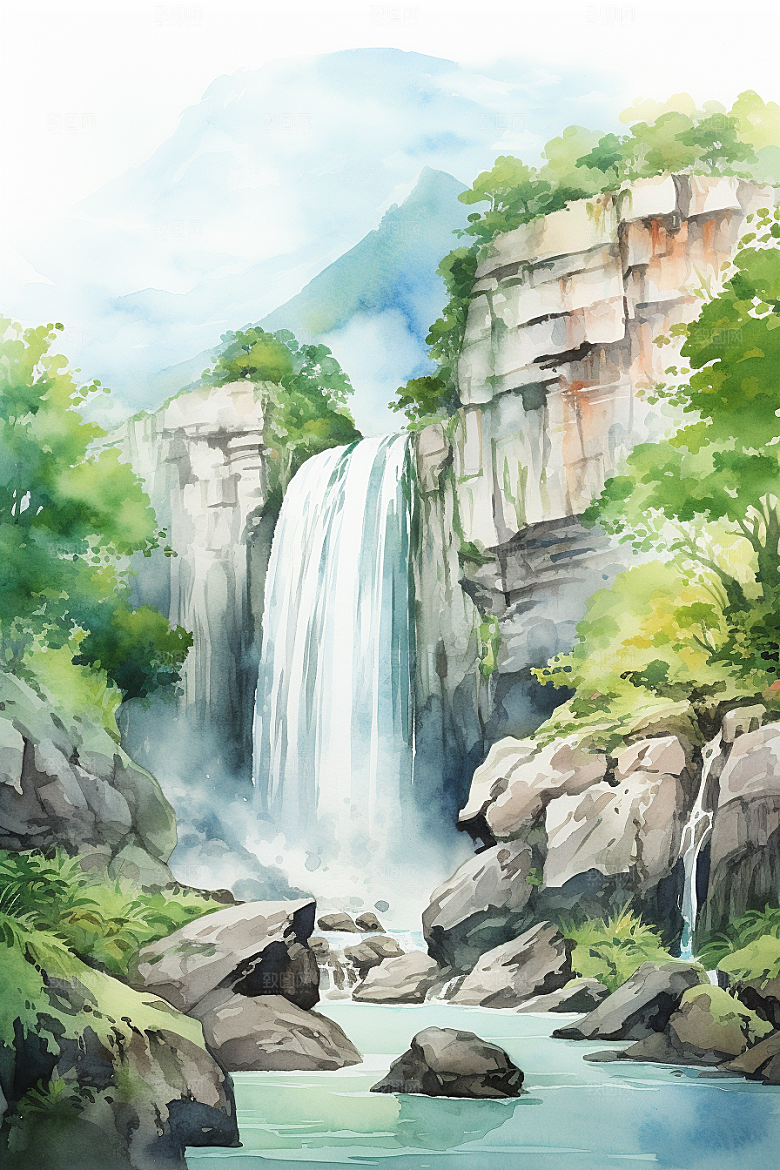 水彩山水风光手绘高清背景图