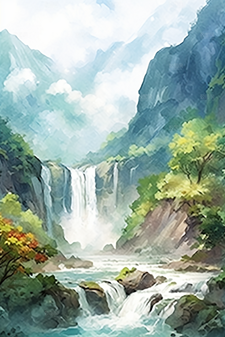 水彩山水风光唯美高清背景图