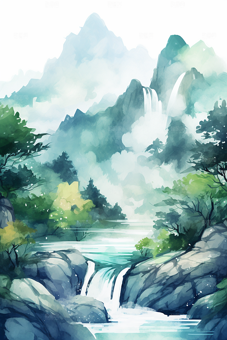 水彩山水风光风景风光背景图