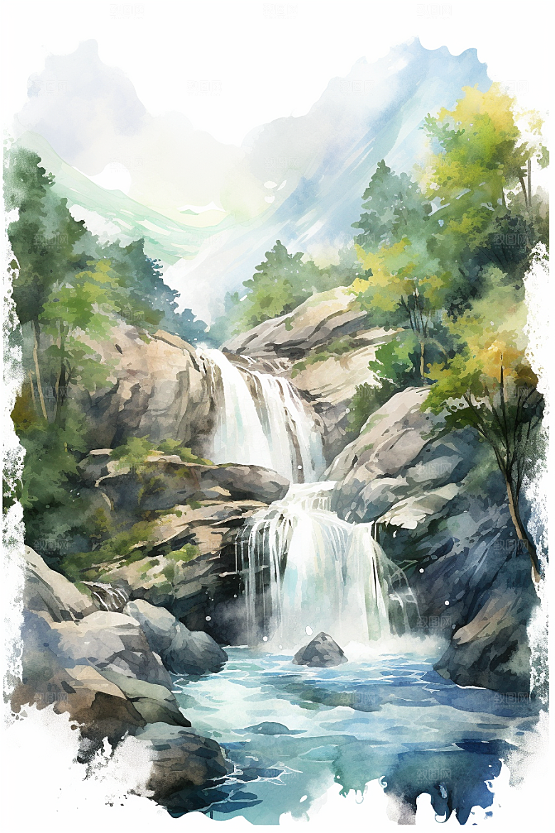 水彩山水风光唯美水彩画背景图