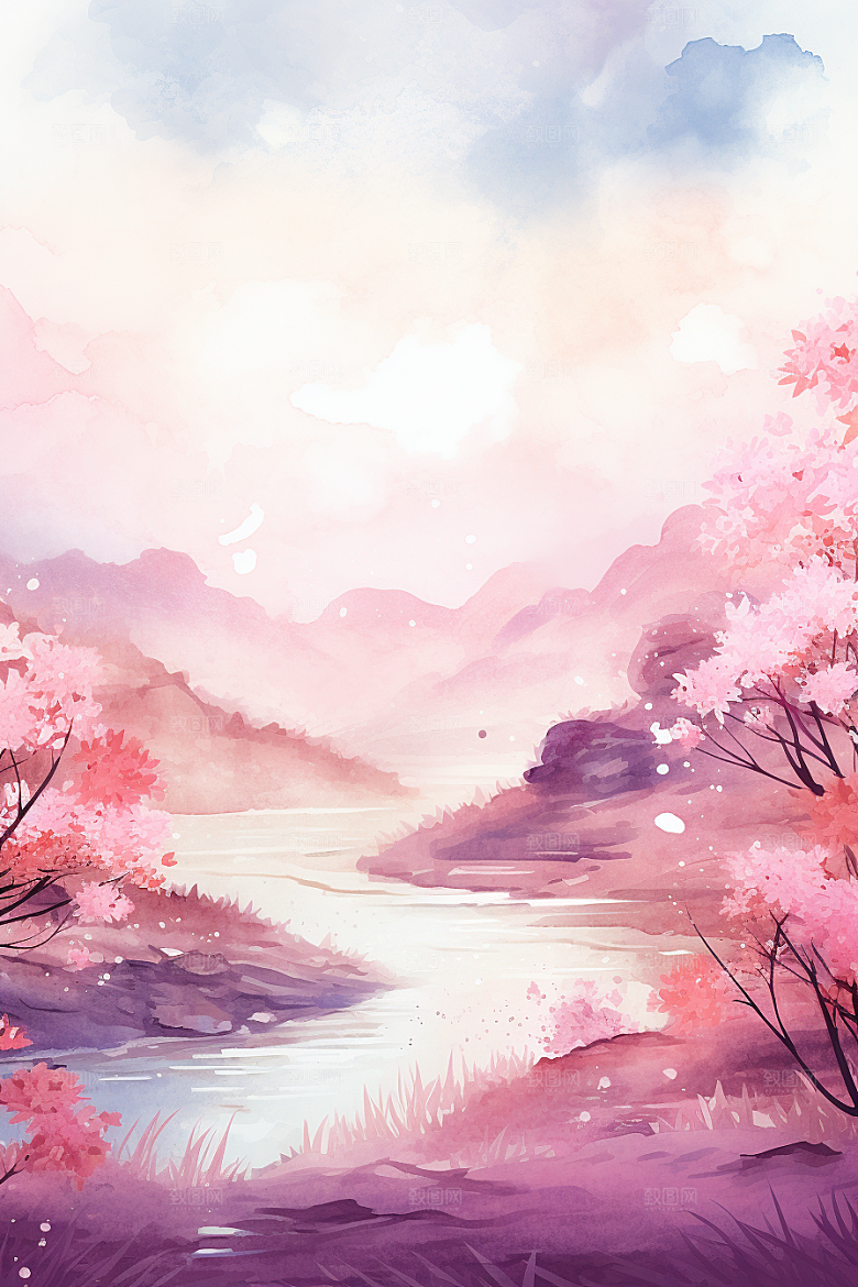水彩山水风光唯美清新背景图