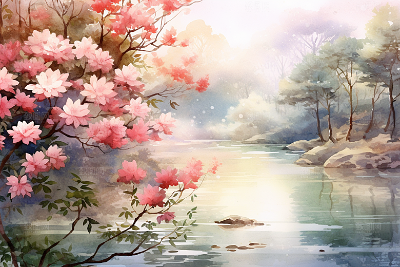 水彩山水风光唯美高清背景图