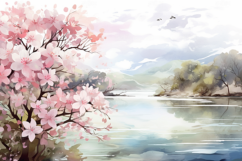 水彩山水风光手绘风景背景图