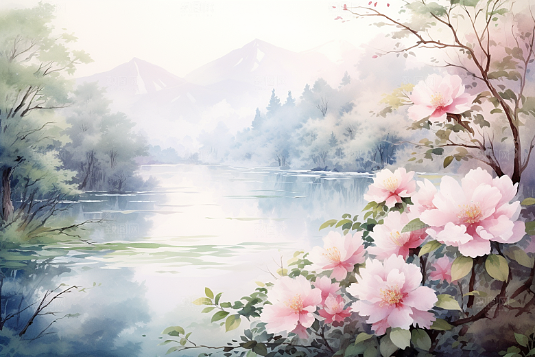 水彩山水风光风光清新背景图