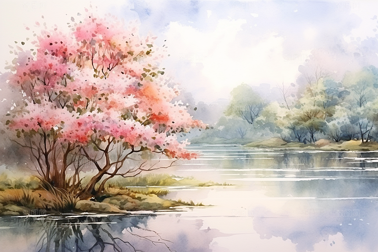 水彩山水风光唯美手绘背景图