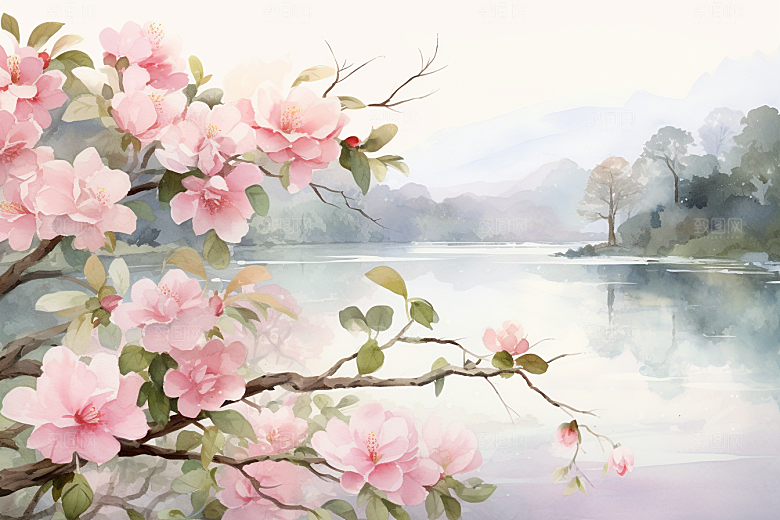 水彩山水风光唯美风景背景图