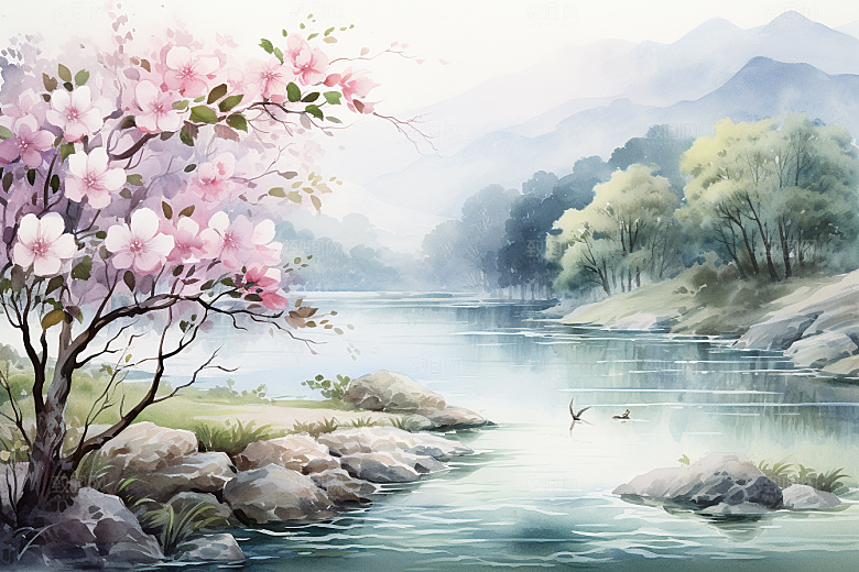 水彩山水风光淡雅清新背景图