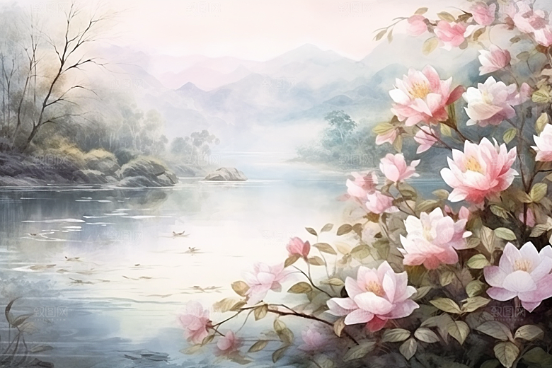 水彩山水风光清新淡雅背景图
