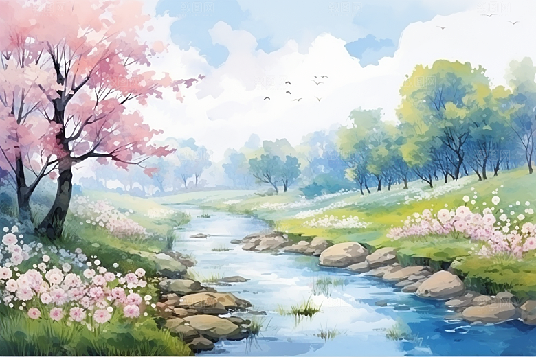 水彩山水风光唯美风光背景图