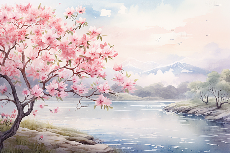 水彩山水风光手绘淡雅背景图