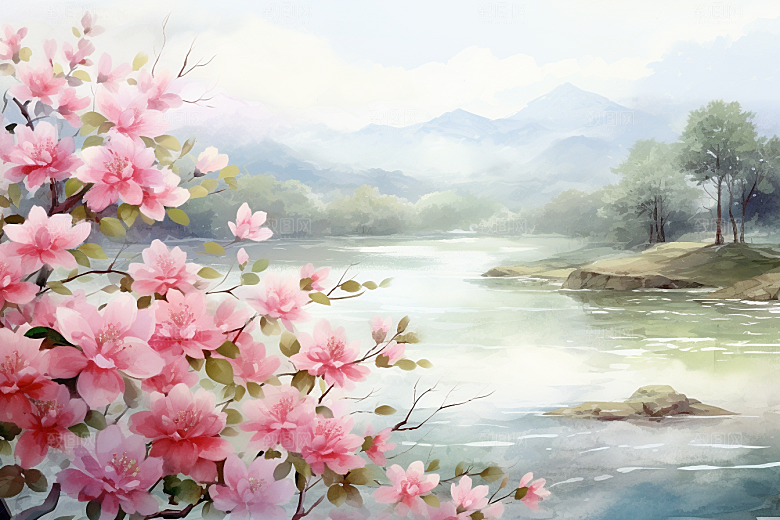 水彩山水风光清新唯美背景图