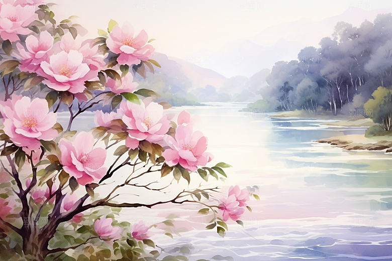 水彩山水风光水彩画唯美背景图