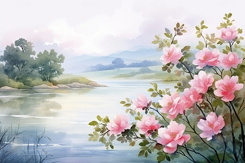水彩山水风光水彩画风景背景图
