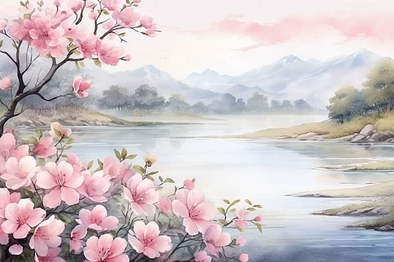 水彩山水风光清新高清背景图