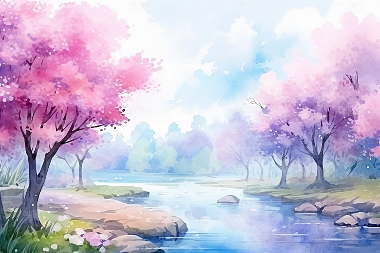 水彩山水风光手绘淡雅背景图