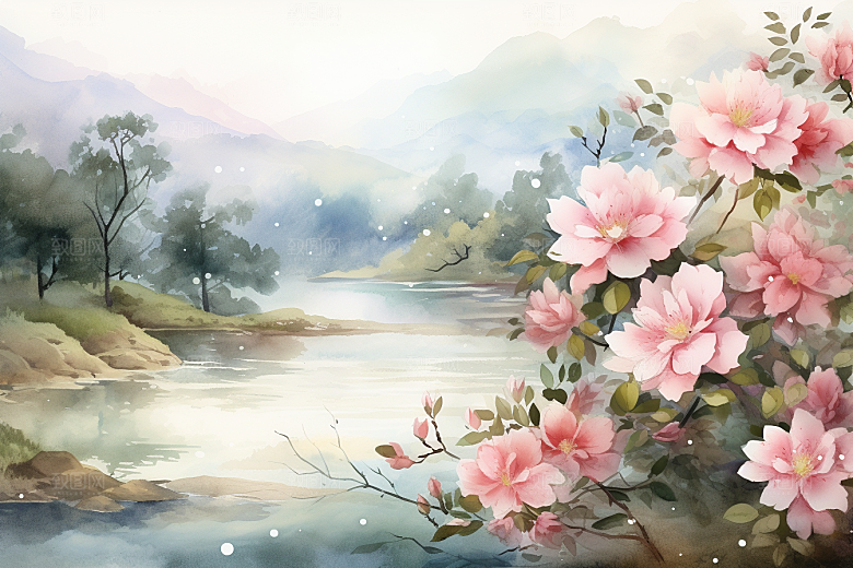 水彩山水风光手绘唯美背景图