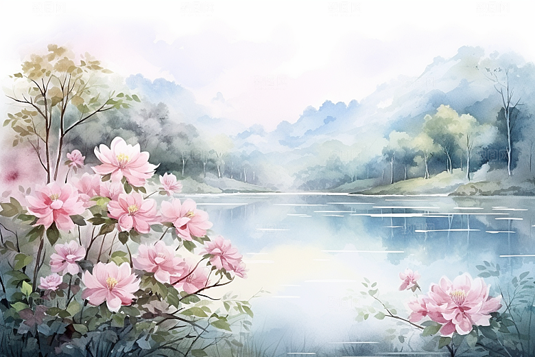 水彩山水风光清新手绘背景图