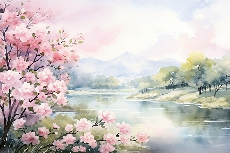 水彩山水风光淡雅风景背景图