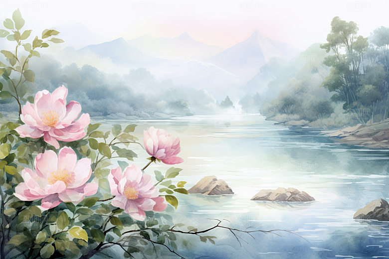 水彩山水风光清新风光背景图