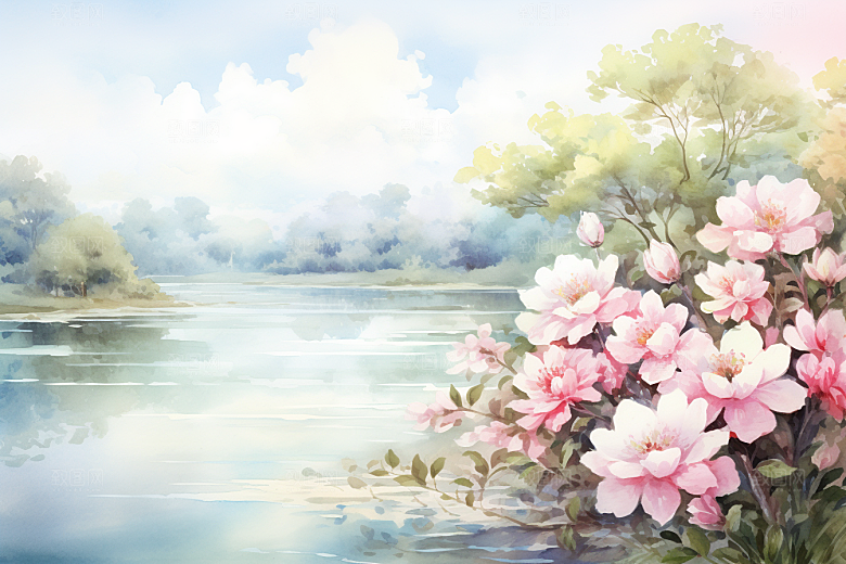 水彩山水风光水彩画唯美背景图