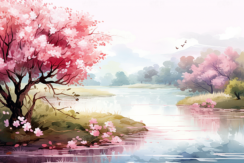 水彩山水风光淡雅手绘背景图