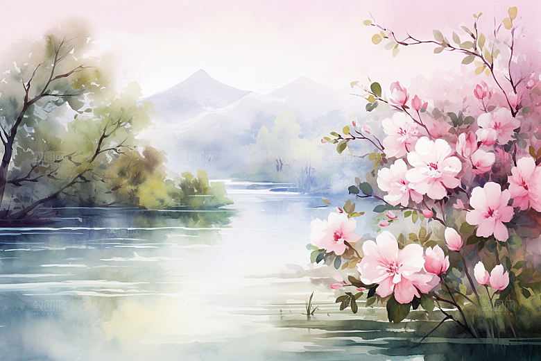 水彩山水风光清新水彩画背景图