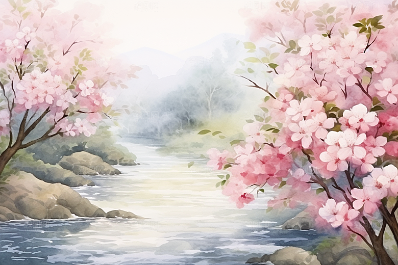 水彩山水风光清新风景背景图