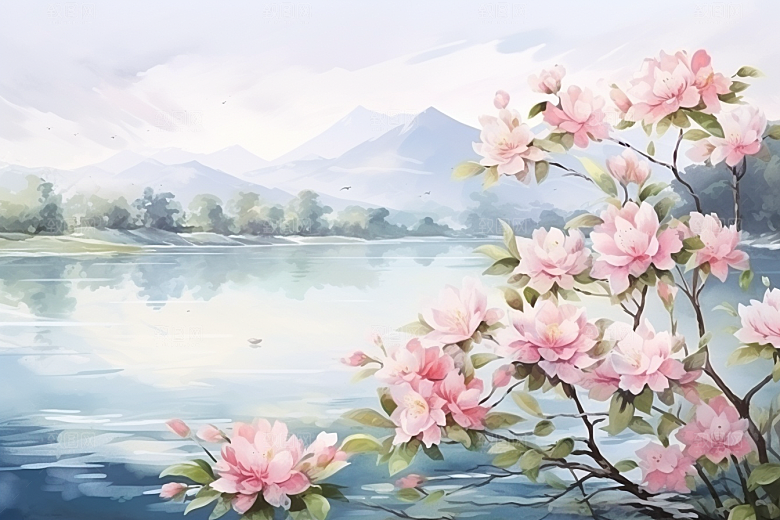 水彩山水风光手绘淡雅背景图