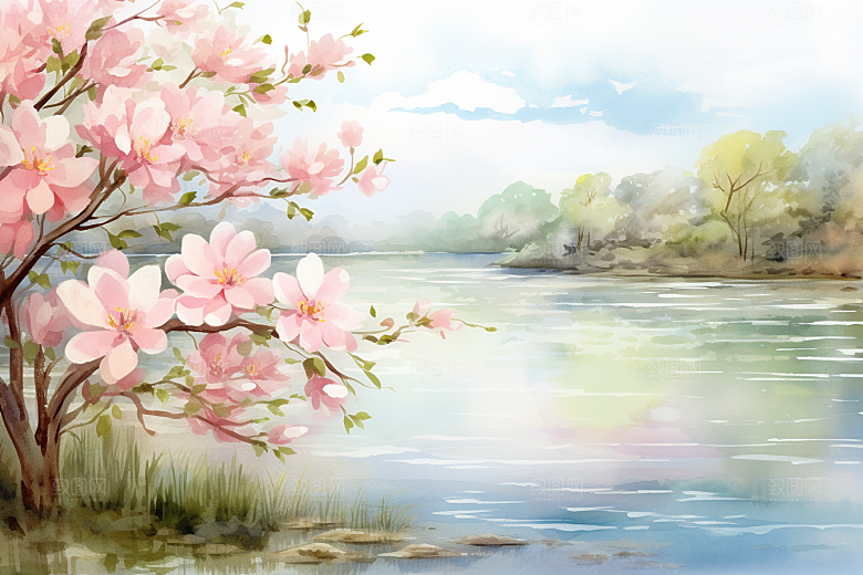 水彩山水风光手绘水彩画背景图