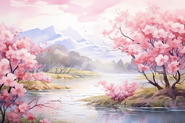水彩山水风光唯美高清背景图
