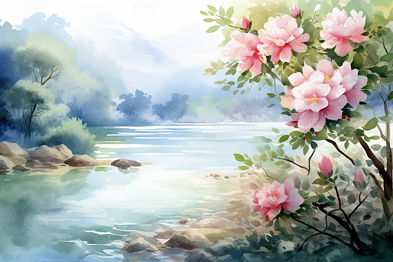 水彩山水风光唯美手绘背景图